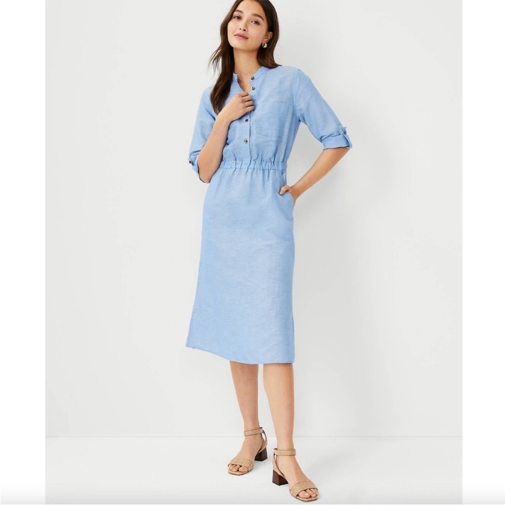 Ann Taylor Linen Cotton Pocket Shirtdress Chambray Blue Size 2